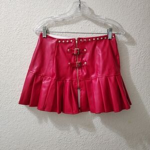 Red Faux Leather Skirt with Studded Details
